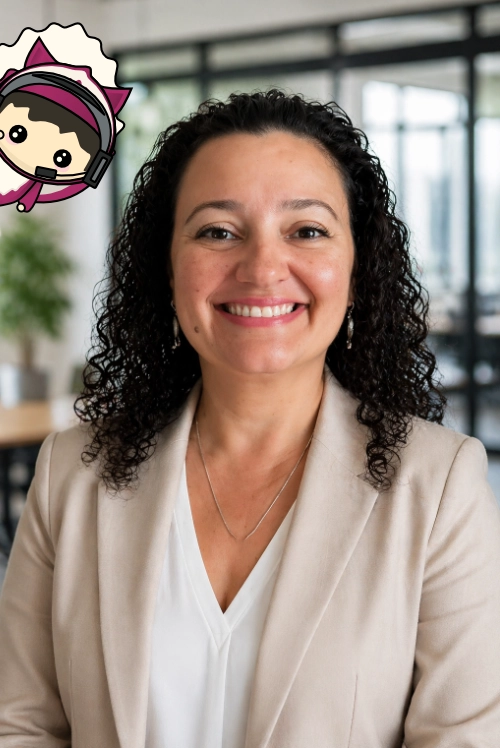 Portrait of a smiling team member with curly hair