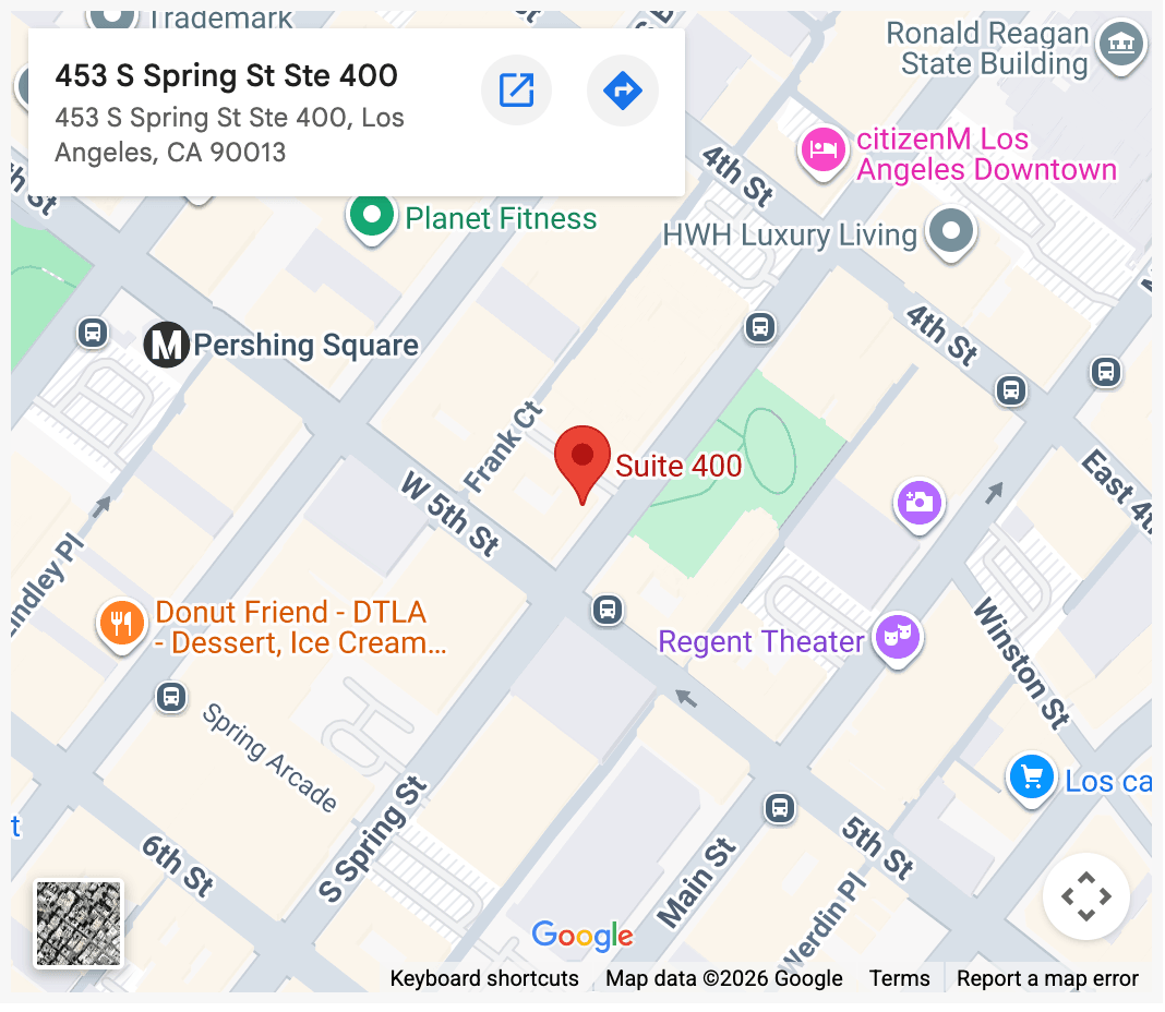 Map showing the location of Suite 400 at 453 S Spring St, Los Angeles, CA 90013, with a marker for directions.