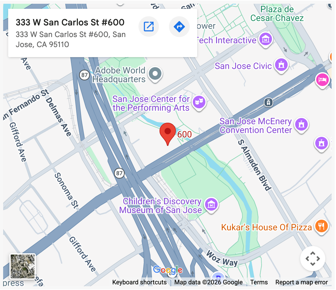 Map showing the location of Suite 600 at 333 W San Carlos St, San Jose, CA 95110, with a marker for directions.